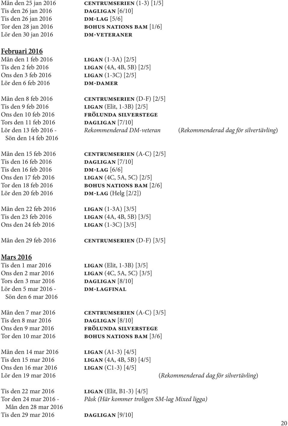 (D-F) [2/5] Tis den 9 feb 2016 Ligan (Elit, 1-3B) [2/5] Ons den 10 feb 2016 Frölunda Silverstege Tors den 11 feb 2016 DAGLIGAN [7/10] Lör den 13 feb 2016 - Rekommenderad DM-veteran (Rekommenderad dag