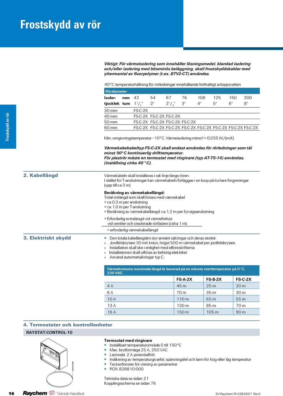 40 C temperaturhållning för rörledningar innehållande fetthaltigt avloppsvatten Rördiameter Isoler- mm 42 54 67 76 108 125 150 200 tjocklek tum 1 1 / 2 " 2" 2 1 / 2 " 3" 4" 5" 6" 8" 30 mm FS-C-2X 40