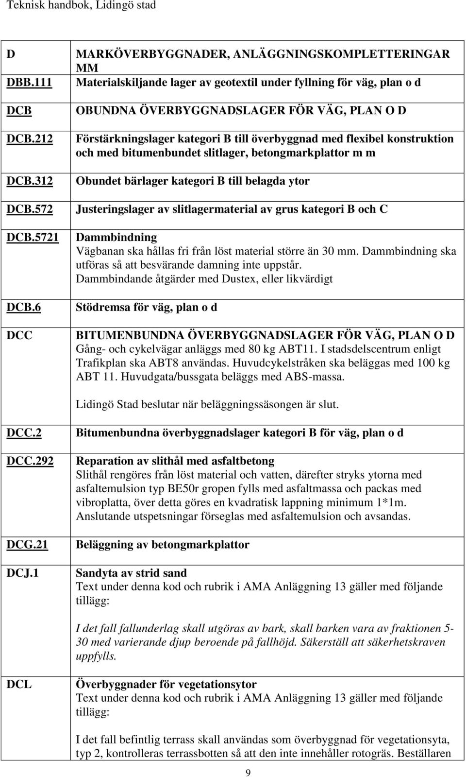 till överbyggnad med flexibel konstruktion och med bitumenbundet slitlager, betongmarkplattor m m Obundet bärlager kategori B till belagda ytor Justeringslager av slitlagermaterial av grus kategori B