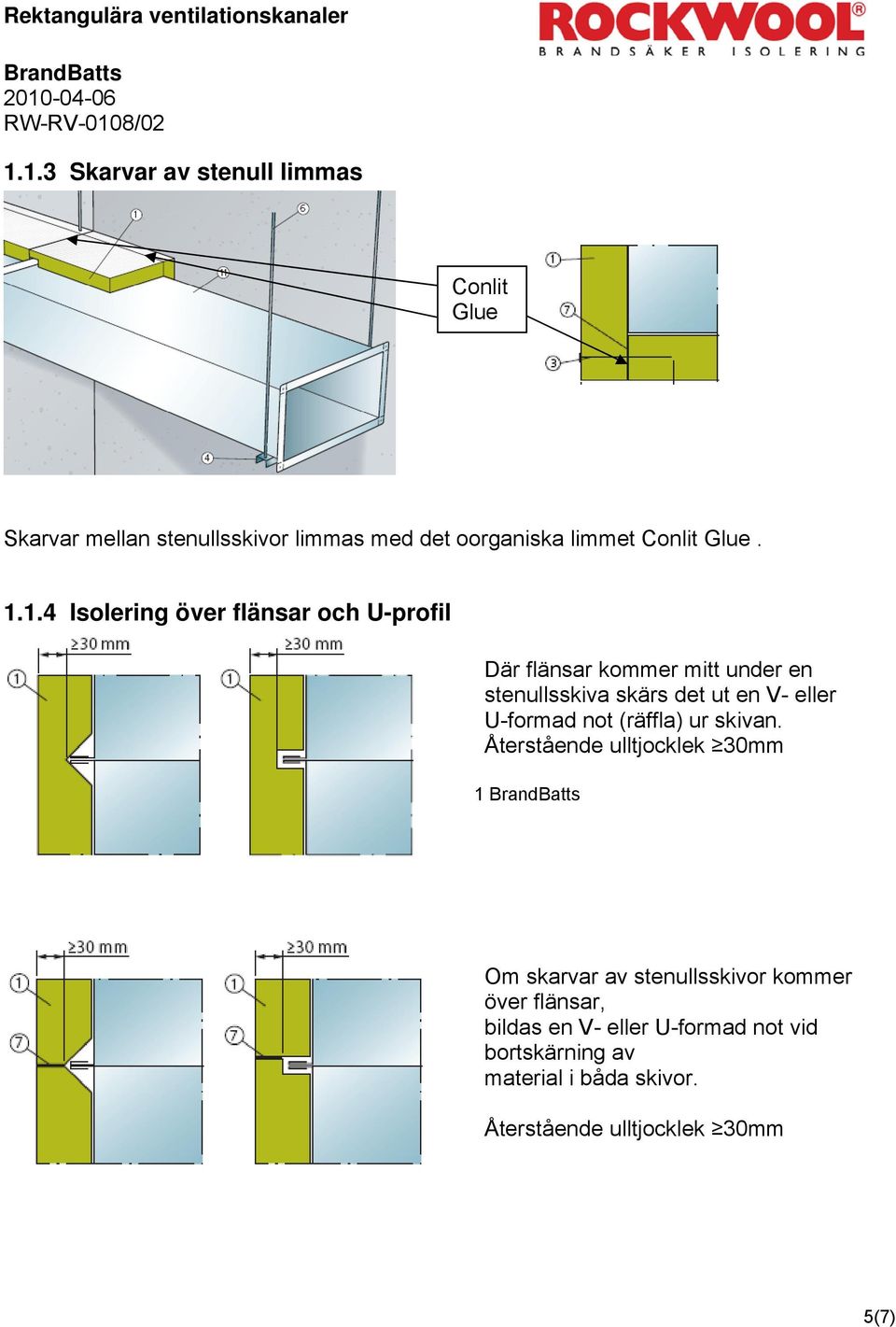 1.4 Isolering över flänsar och U-profil Där flänsar kommer mitt under en stenullsskiva skärs det ut en V- eller