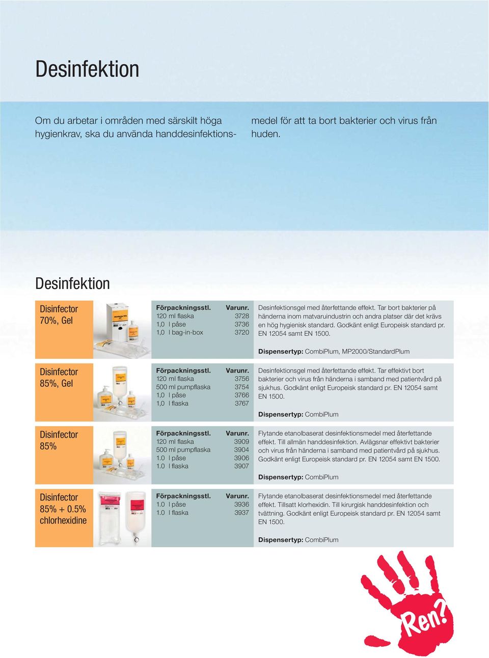 Tar bort bakterier på händerna inom matvaruindustrin och andra platser där det krävs en hög hygienisk standard. Godkänt enligt Europeisk standard pr. EN 12054 samt EN 1500.