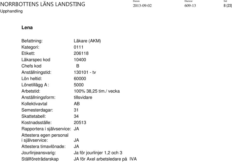 / vecka Anställningsform: tillsvidare Kollektivavtal AB Semesterdagar: 31 Skattetabell: 34 Kostnadsställe: 20513 Rapportera i