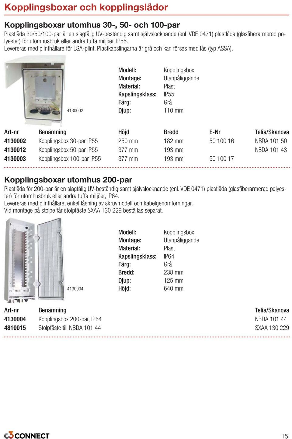 4130002 Modell: Montage: Kapslingsklass: Färg: Kopplingsbox Utanpåliggande Plast IP55 Grå 110 mm Art-nr Benämning Höjd Bredd E-Nr Telia/Skanova 4130002 Kopplingsbox 30-par IP55 250 mm 182 mm 50 100