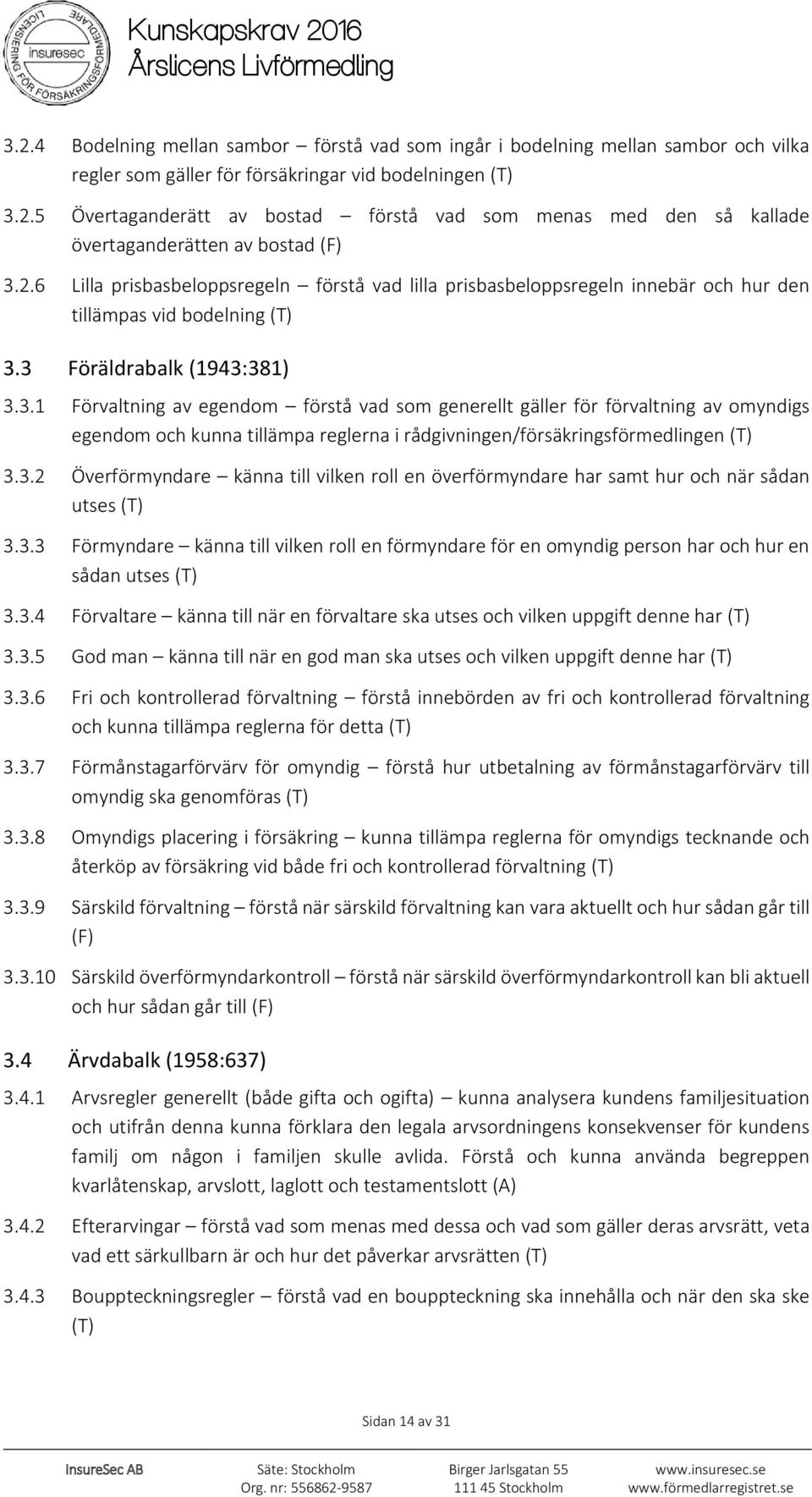 3 Föräldrabalk (1943:381) 3.3.1 Förvaltning av egendom förstå vad som generellt gäller för förvaltning av omyndigs egendom och kunna tillämpa reglerna i rådgivningen/försäkringsförmedlingen (T) 3.3.2 Överförmyndare känna till vilken roll en överförmyndare har samt hur och när sådan utses (T) 3.