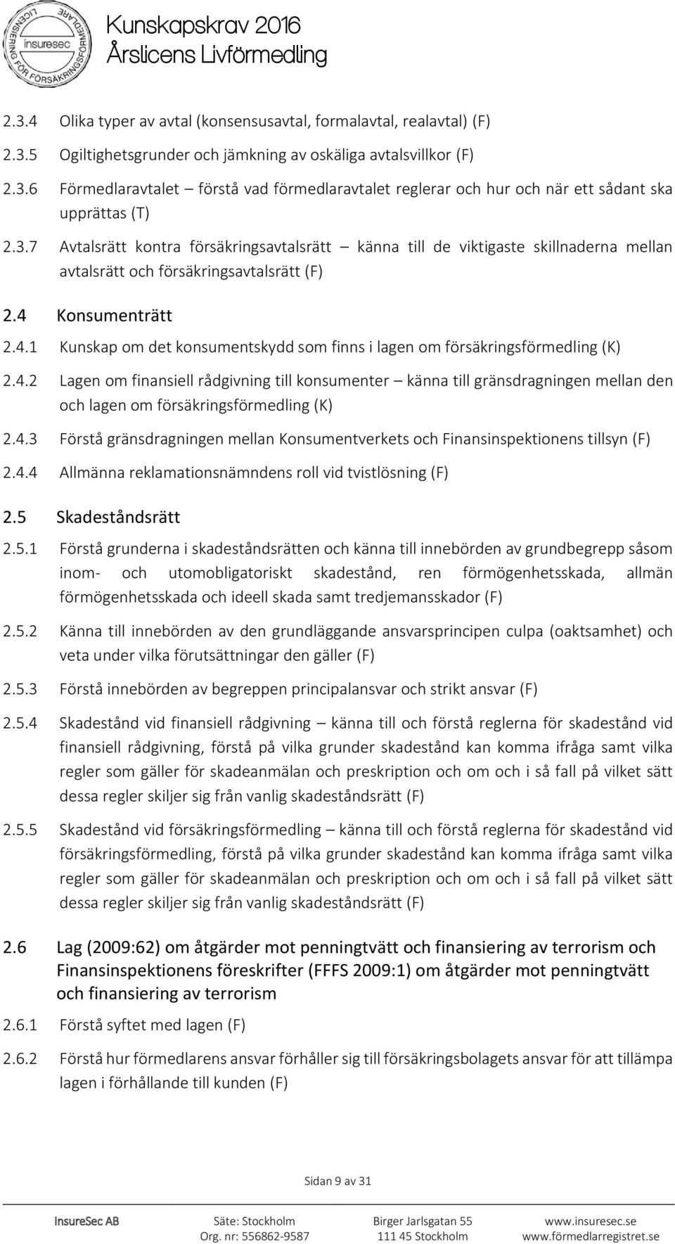 Konsumenträtt 2.4.1 Kunskap om det konsumentskydd som finns i lagen om försäkringsförmedling (K) 2.4.2 Lagen om finansiell rådgivning till konsumenter känna till gränsdragningen mellan den och lagen om försäkringsförmedling (K) 2.