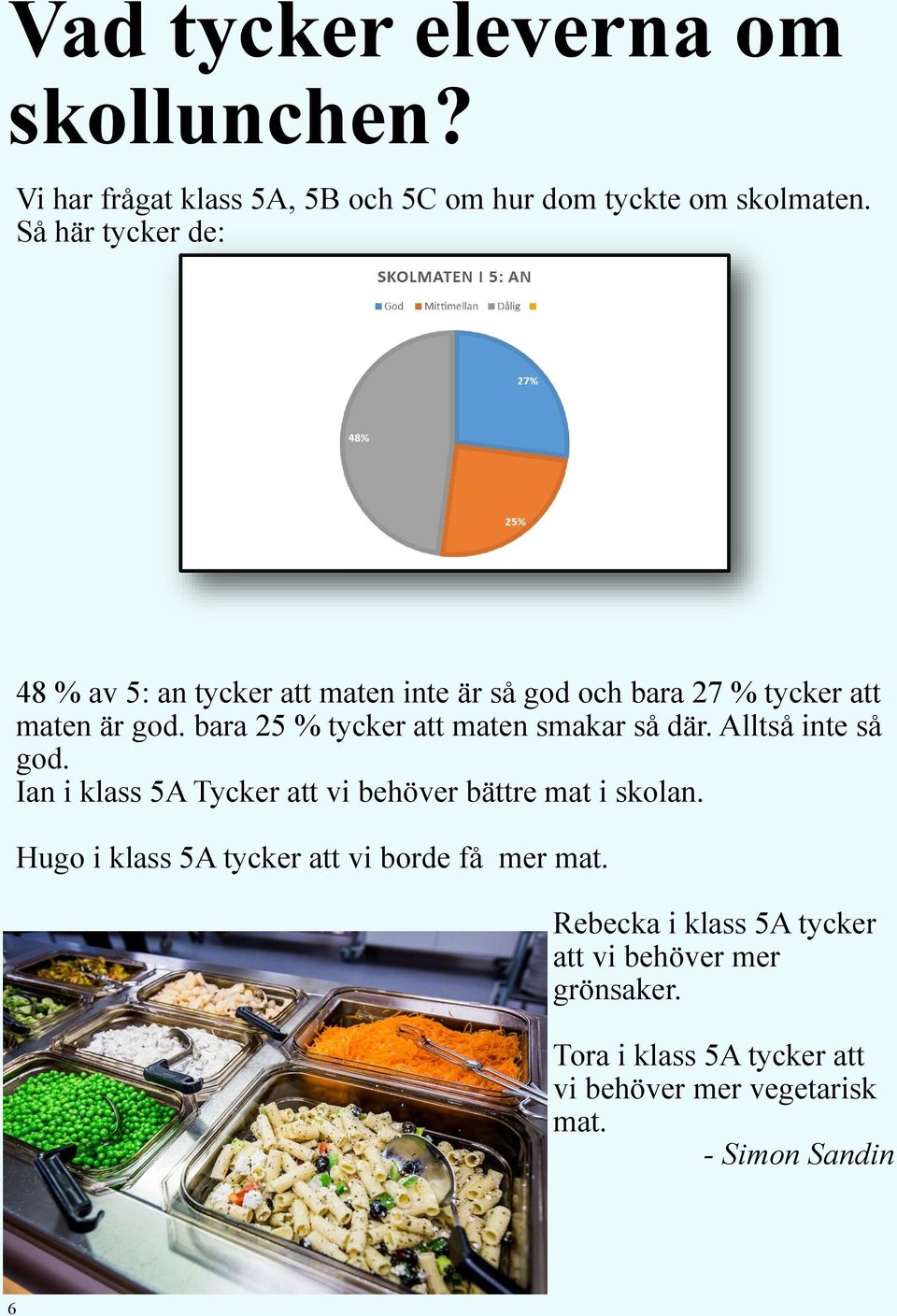 bara 25 % tycker att maten smakar så där. Alltså inte så god. Ian i klass 5A Tycker att vi behöver bättre mat i skolan.