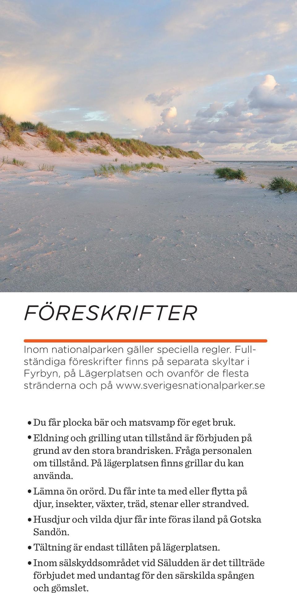 Fråga personalen om tillstånd. På lägerplatsen finns grillar du kan använda. Lämna ön orörd. Du får inte ta med eller flytta på djur, insekter, växter, träd, stenar eller strandved.