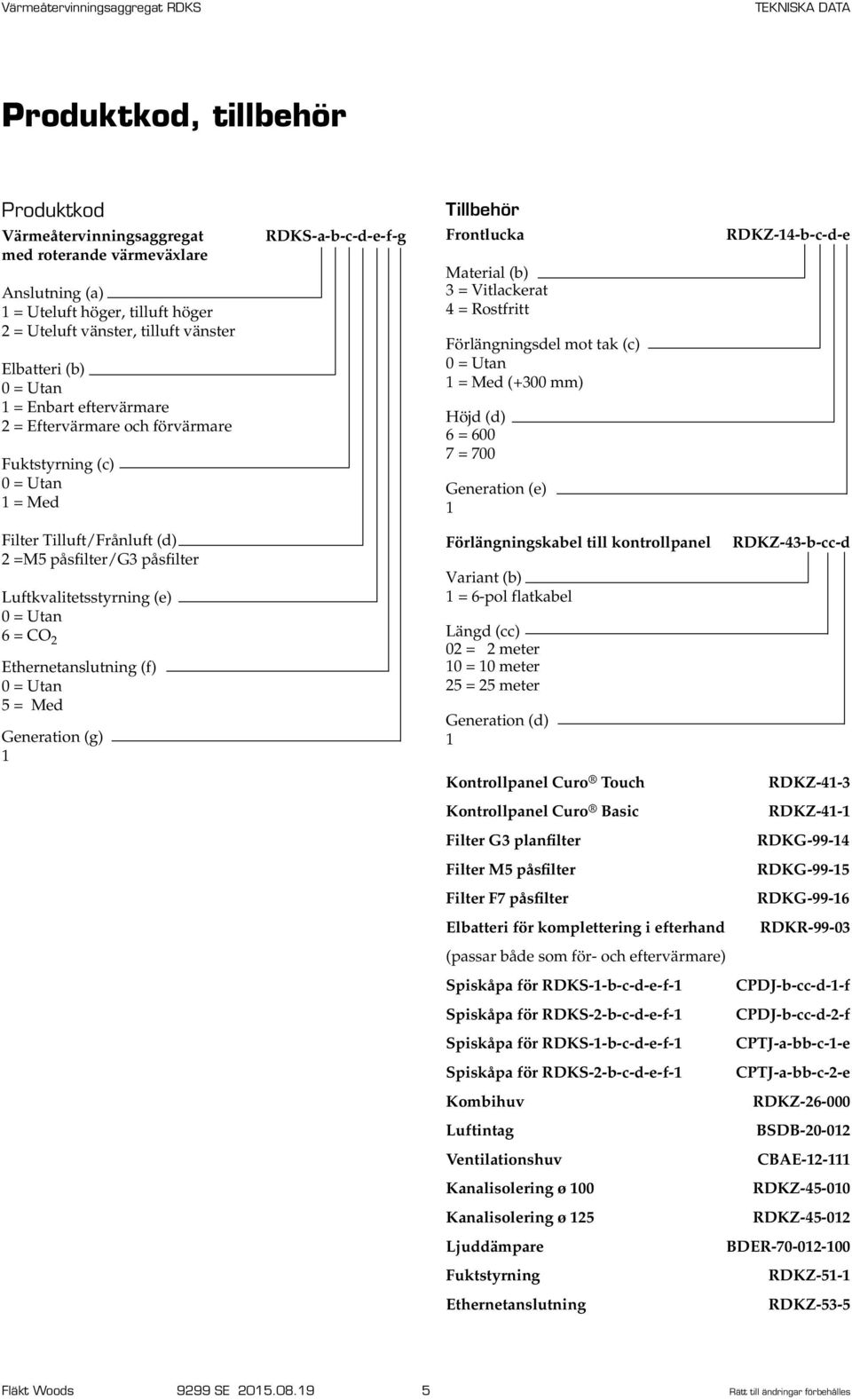 (c) 1 = Med (+300 mm) Höjd (d) 6 = 600 7 = 700 Generation (e) 1 RDKZ-14-b-c-d-e Filter Tilluft/Frånluft (d) 2 =M5 påsfilter/g3 påsfilter Luftkvalitetsstyrning (e) 6 = CO 2 Ethernetanslutning (f) 5 =