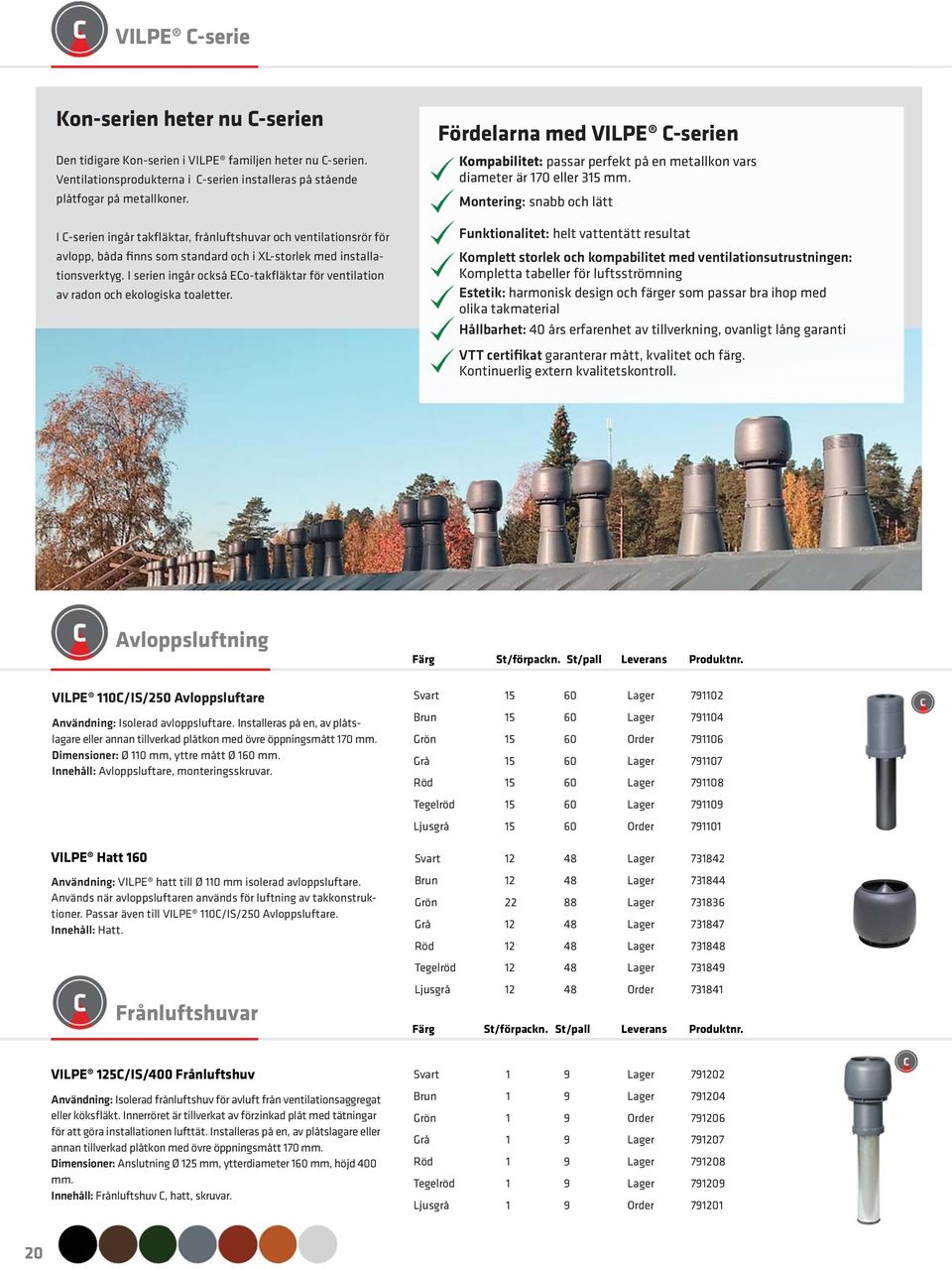 I serien ingår också ECo-takfläktar för ventilation av radon och ekologiska toaletter. Fördelarna med VILPE C-serien Kompabilitet: passar perfekt på en metallkon vars diameter är 170 eller 315 mm.