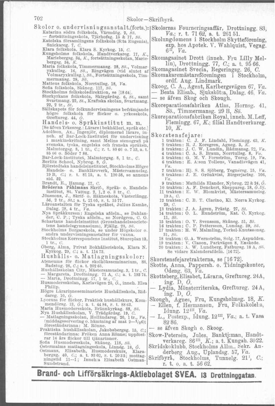 Kungsholms folkskola HandtverkaL'eg. 17 K. Mariebergsg. 34, K., ~ortsättningsskolan,&iarie: Skomagasinet Drott (inneh. Fru Lilly Melbergsg. 34, K. lin), Drottningg. 77, C.; a. t. 9566.