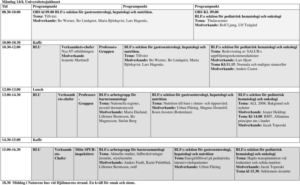 00-10.30 Kaffe 10.30-12.00 BLU Verksamhets-chefer Nya ST-utbildningen Medverkande Jeanette Martinell Professors- Gruppen BLF:s sektion för gastroenterologi, hepatologi och nutrition.