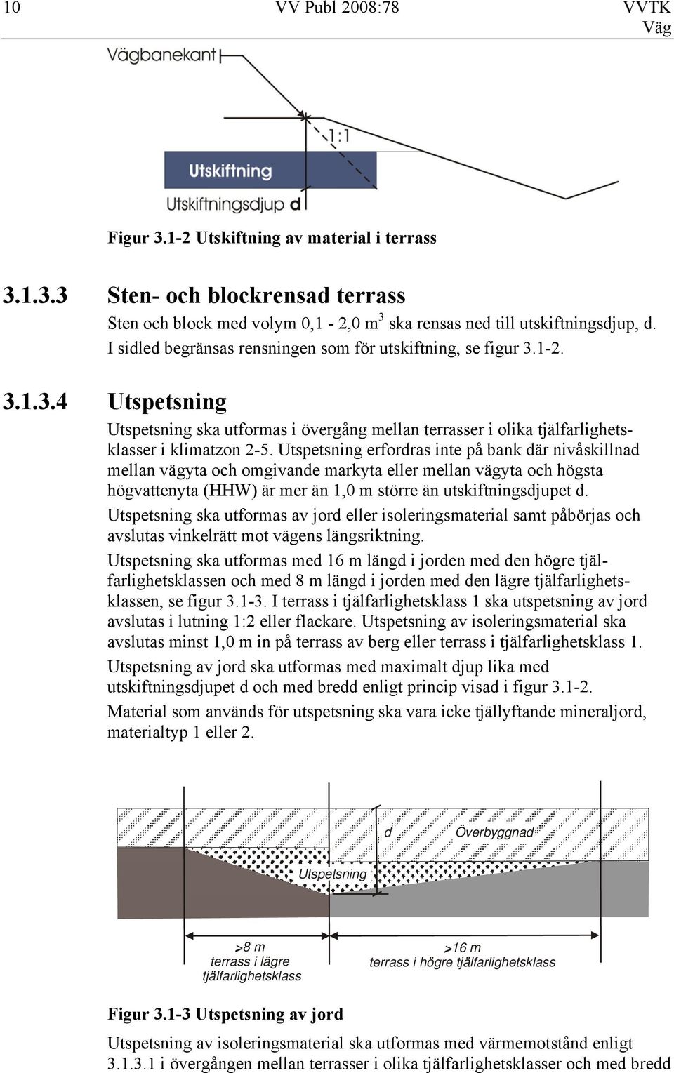 Utspetsning erfordras inte på bank där nivåskillnad mellan vägyta och omgivande markyta eller mellan vägyta och högsta högvattenyta (HHW) är mer än 1,0 m större än utskiftningsdjupet d.