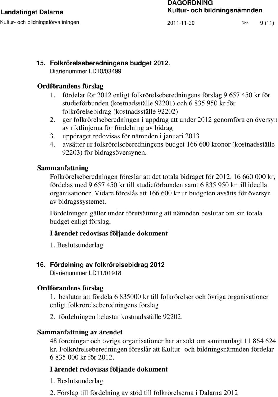 fördelar för 2012 enligt folkrörelseberedningens förslag 9 657 450 kr för studieförbunden (kostnadsställe 92201) och 6 835 950 kr för folkrörelsebidrag (kostnadsställe 92202) 2.