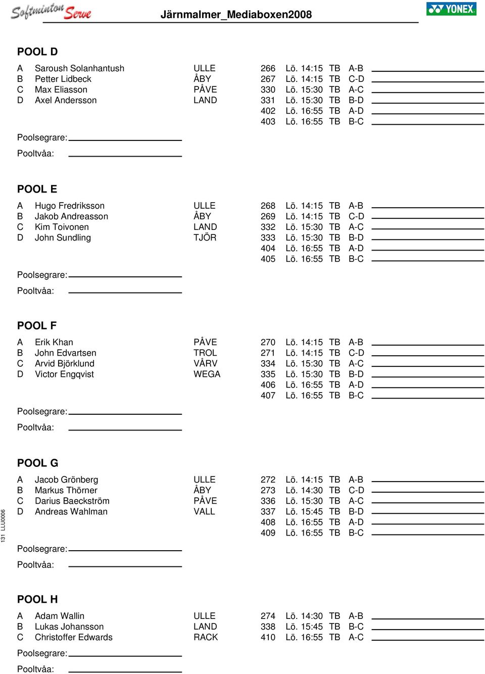 15:30 TB B-D 404 Lö. 16:55 TB A-D 405 Lö. 16:55 TB B-C POOL F A Erik Khan PÅVE B John Edvartsen TROL C Arvid Björklund VÅRV D Victor Engqvist WEGA 270 Lö. 14:15 TB A-B 271 Lö. 14:15 TB C-D 334 Lö.