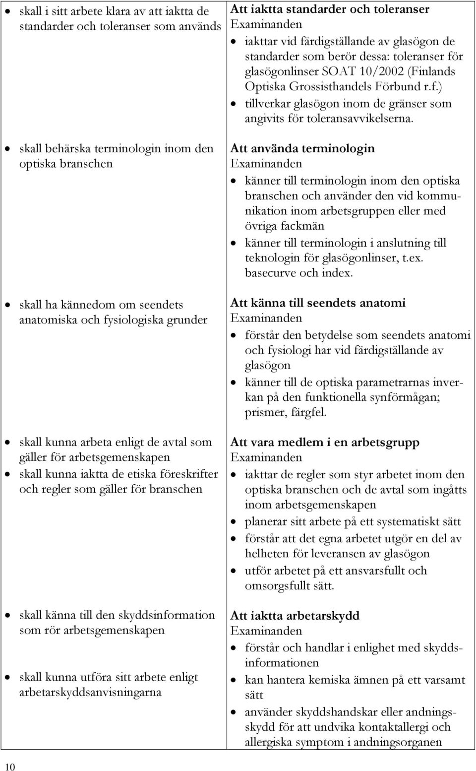 rör arbetsgemenskapen skall kunna utföra sitt arbete enligt arbetarskyddsanvisningarna Att iaktta standarder och toleranser iakttar vid färdigställande av glasögon de standarder som berör dessa: