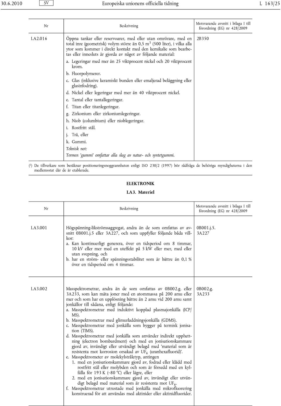 bearbetas eller innesluts är gjorda av något av följande material: a. Legeringar med mer än 25 viktprocent nickel och 20 viktprocent krom. b. Fluorpolymerer. c.