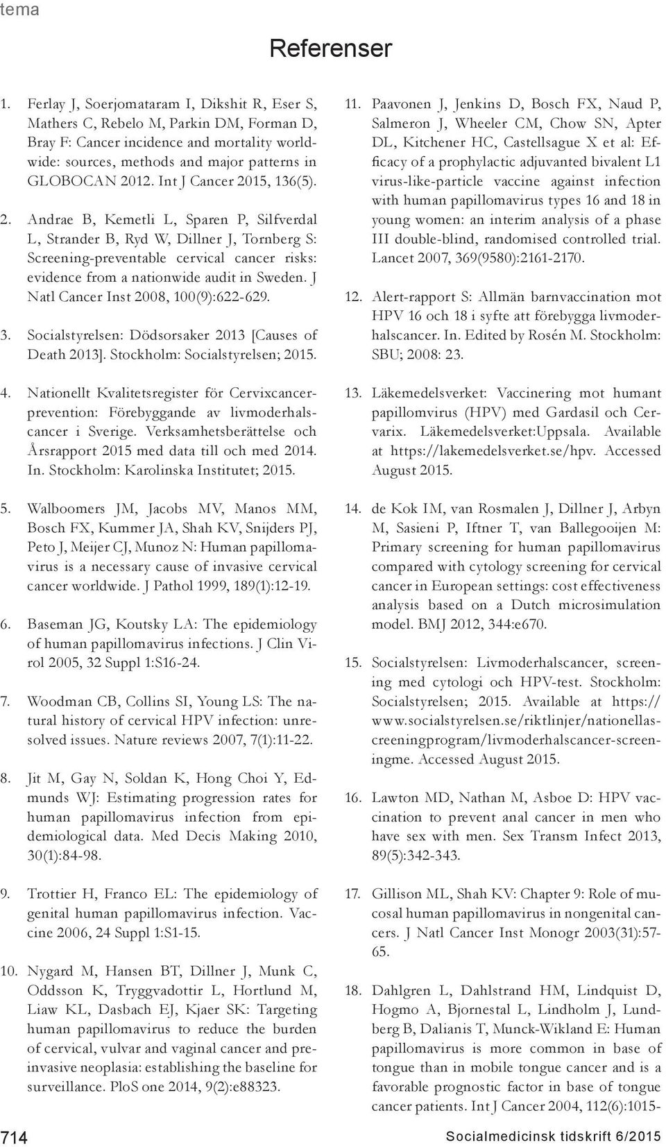 Int J Cancer 2015, 136(5). 2. Andrae B, Kemetli L, Sparen P, Silfverdal L, Strander B, Ryd W, Dillner J, Tornberg S: Screening-preventable cervical cancer risks: evidence from a nationwide audit in Sweden.