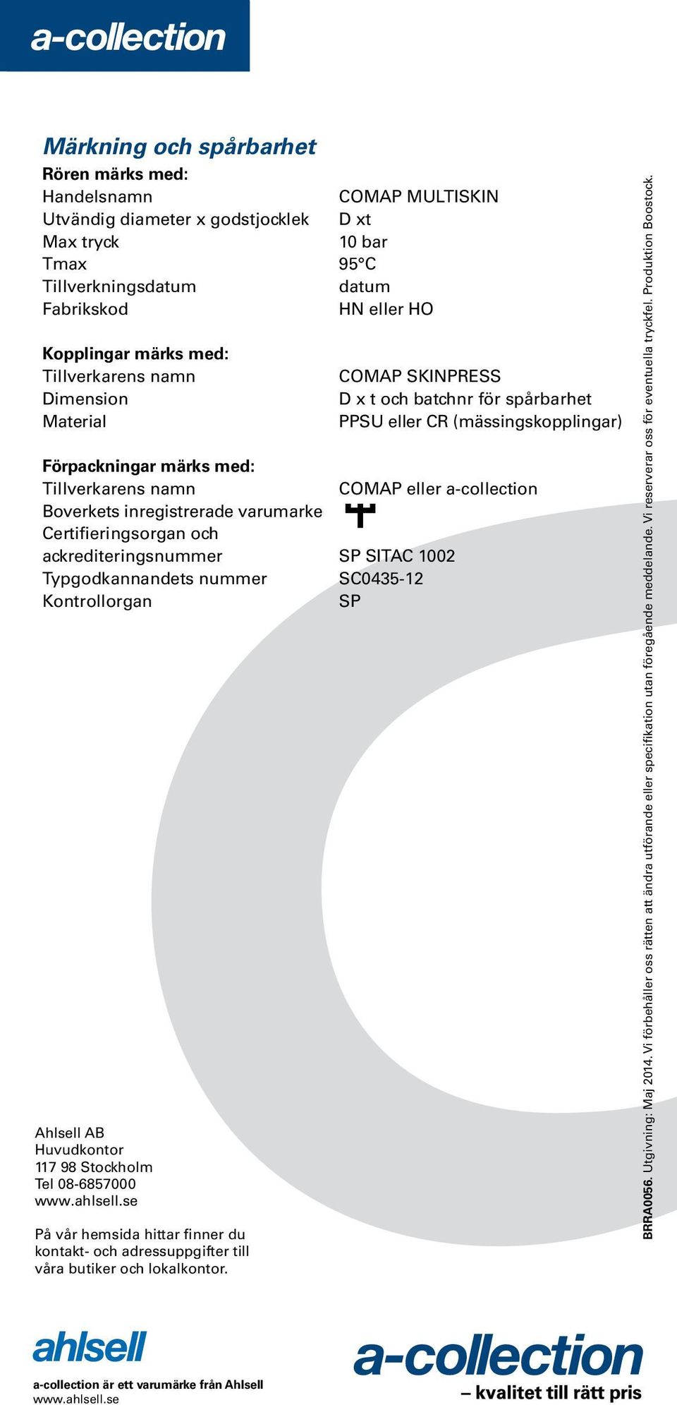 Boverkets inregistrerade varumarke Certifieringsorgan och ackrediteringsnummer SP SITAC 1002 Typgodkannandets nummer SC0435-12 Kontrollorgan SP Ahlsell AB Huvudkontor 117 98 Stockholm Tel 08-6857000