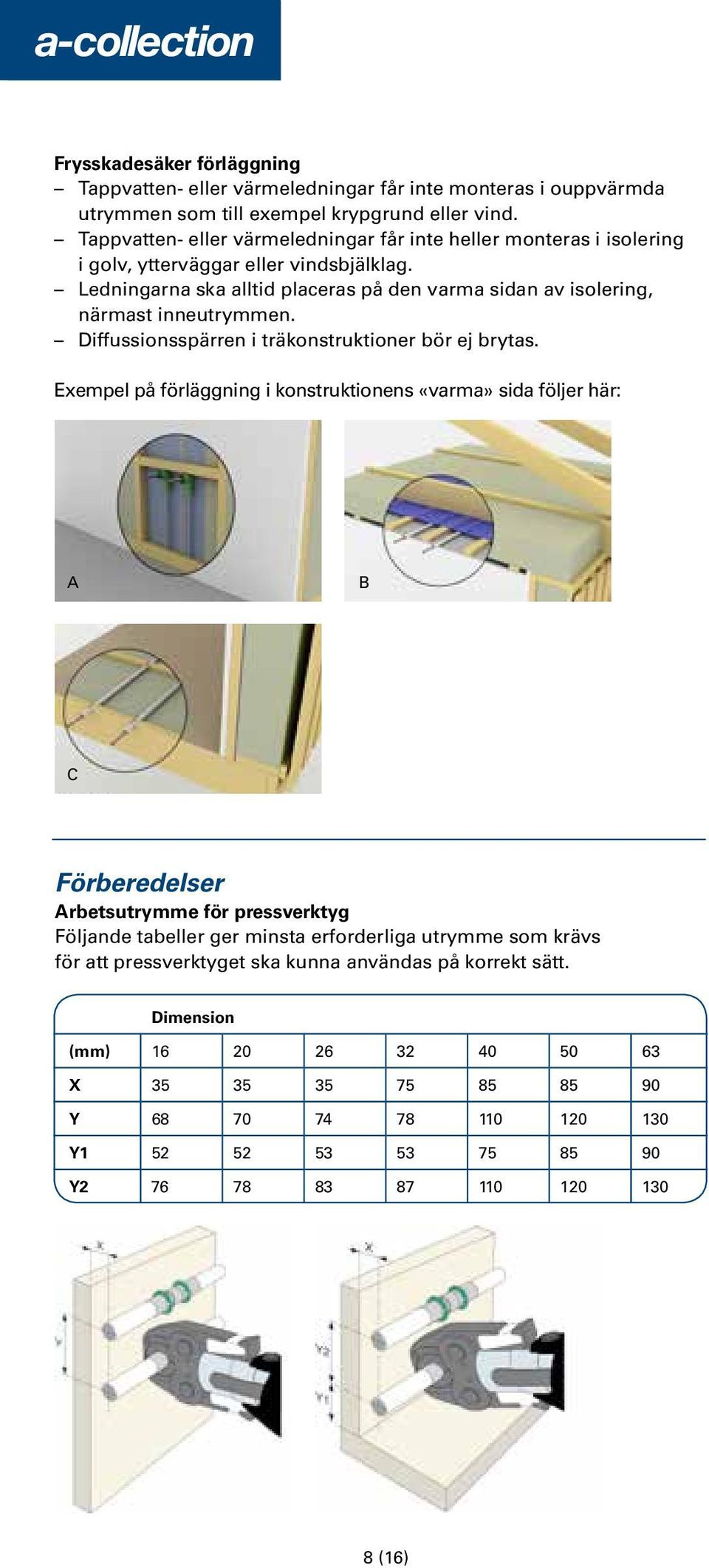 Ledningarna ska alltid placeras på den varma sidan av isolering, närmast inneutrymmen. Diffussionsspärren i träkonstruktioner bör ej brytas.