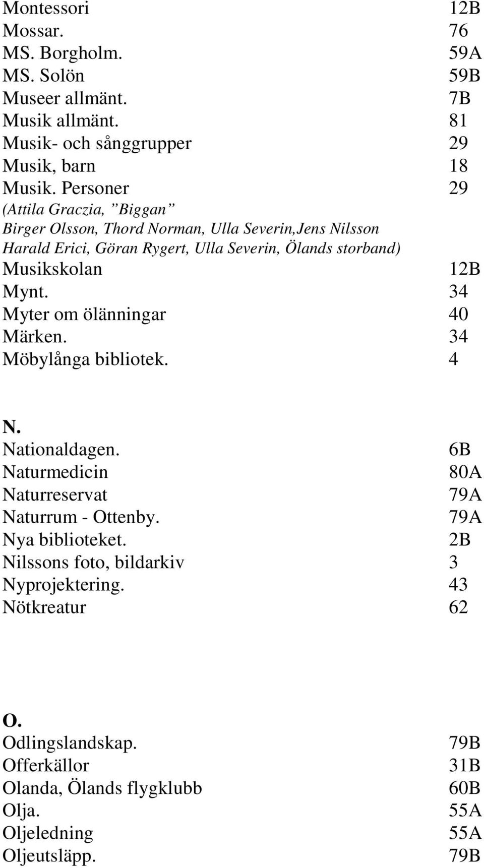 Musikskolan 12B Mynt. 34 Myter om ölänningar 40 Märken. 34 Möbylånga bibliotek. 4 N. Nationaldagen. 6B Naturmedicin 80A Naturreservat 79A Naturrum - Ottenby.
