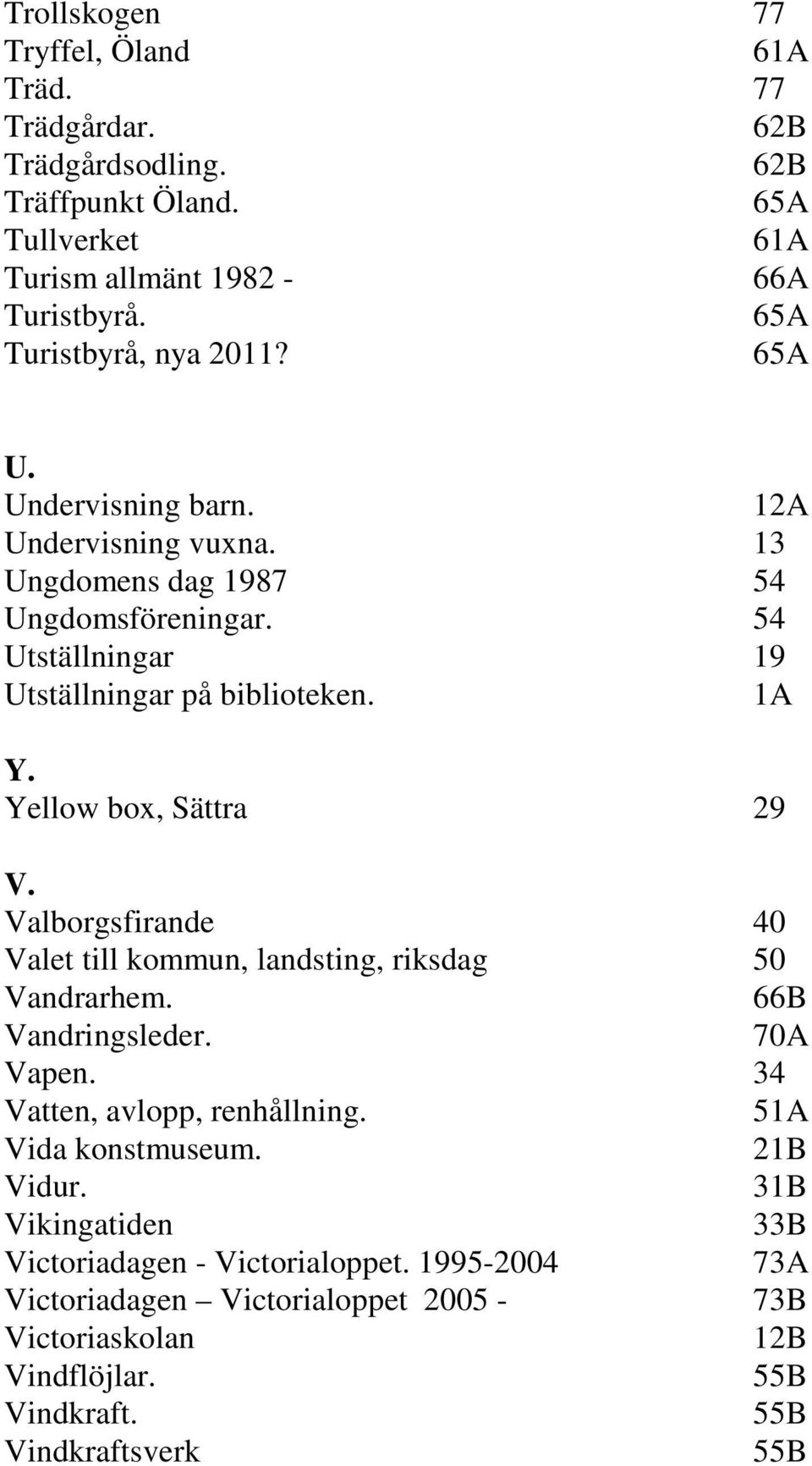 1A Y. Yellow box, Sättra 29 V. Valborgsfirande 40 Valet till kommun, landsting, riksdag 50 Vandrarhem. 66B Vandringsleder. 70A Vapen. 34 Vatten, avlopp, renhållning.