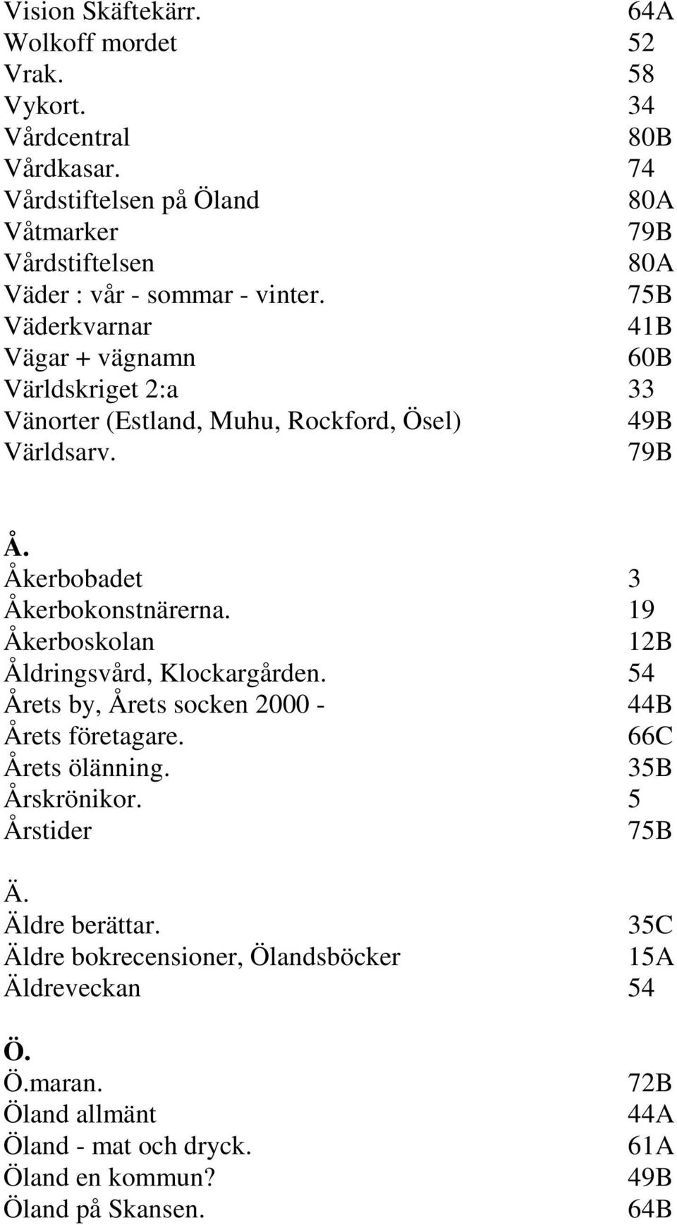 75B Väderkvarnar 41B Vägar + vägnamn 60B Världskriget 2:a 33 Vänorter (Estland, Muhu, Rockford, Ösel) 49B Världsarv. 79B Å. Åkerbobadet 3 Åkerbokonstnärerna.