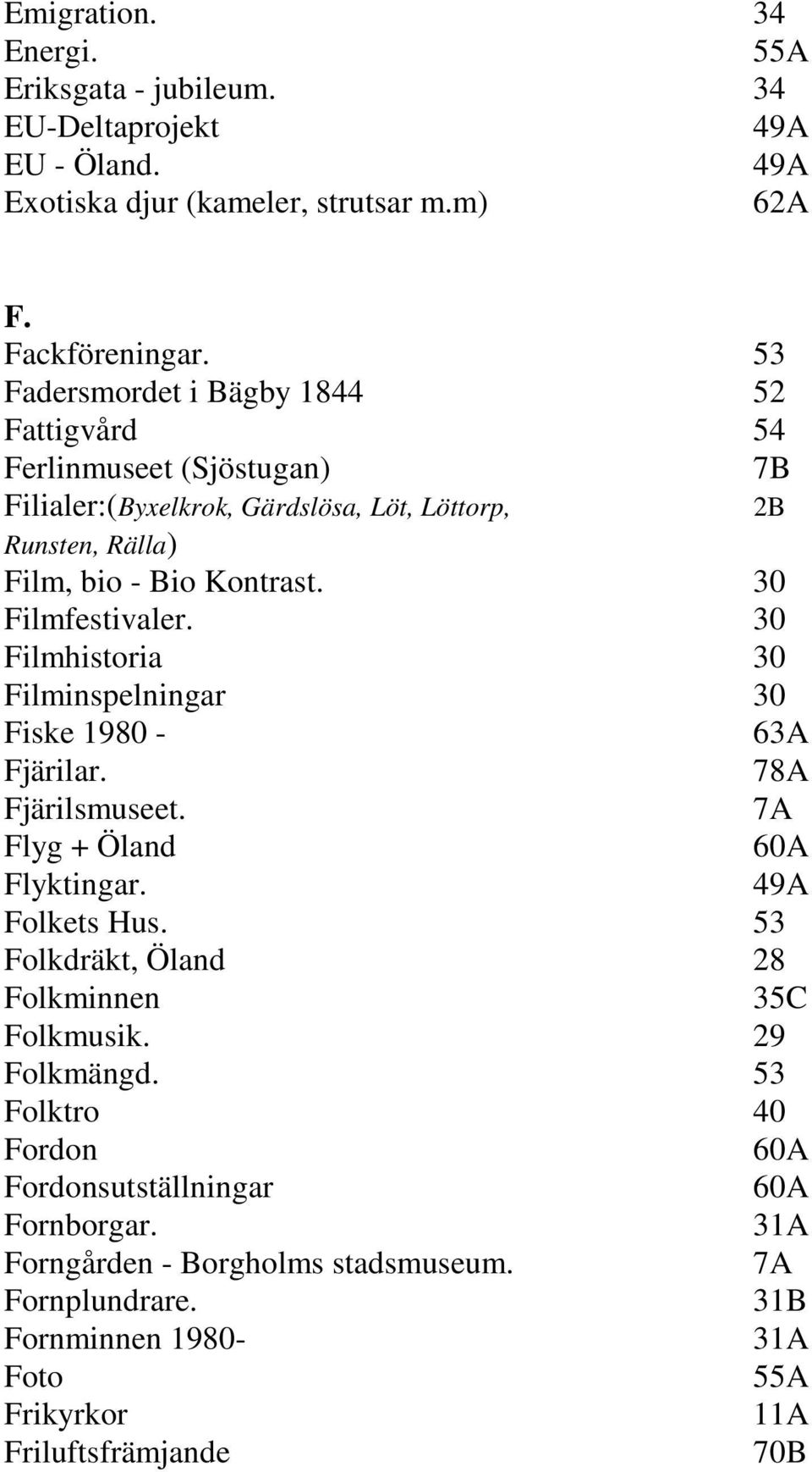 30 Filmfestivaler. 30 Filmhistoria 30 Filminspelningar 30 Fiske 1980-63A Fjärilar. 78A Fjärilsmuseet. 7A Flyg + Öland 60A Flyktingar. 49A Folkets Hus.