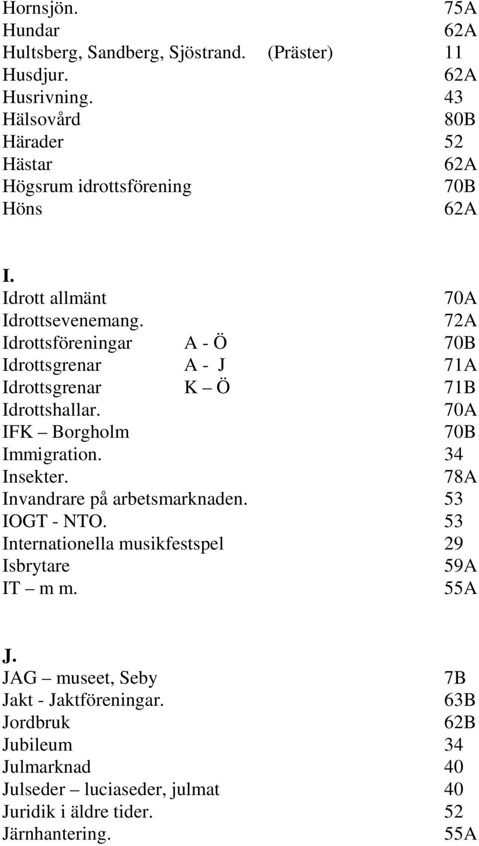 72A Idrottsföreningar A - Ö 70B Idrottsgrenar A - J 71A Idrottsgrenar K Ö 71B Idrottshallar. 70A IFK Borgholm 70B Immigration. 34 Insekter.