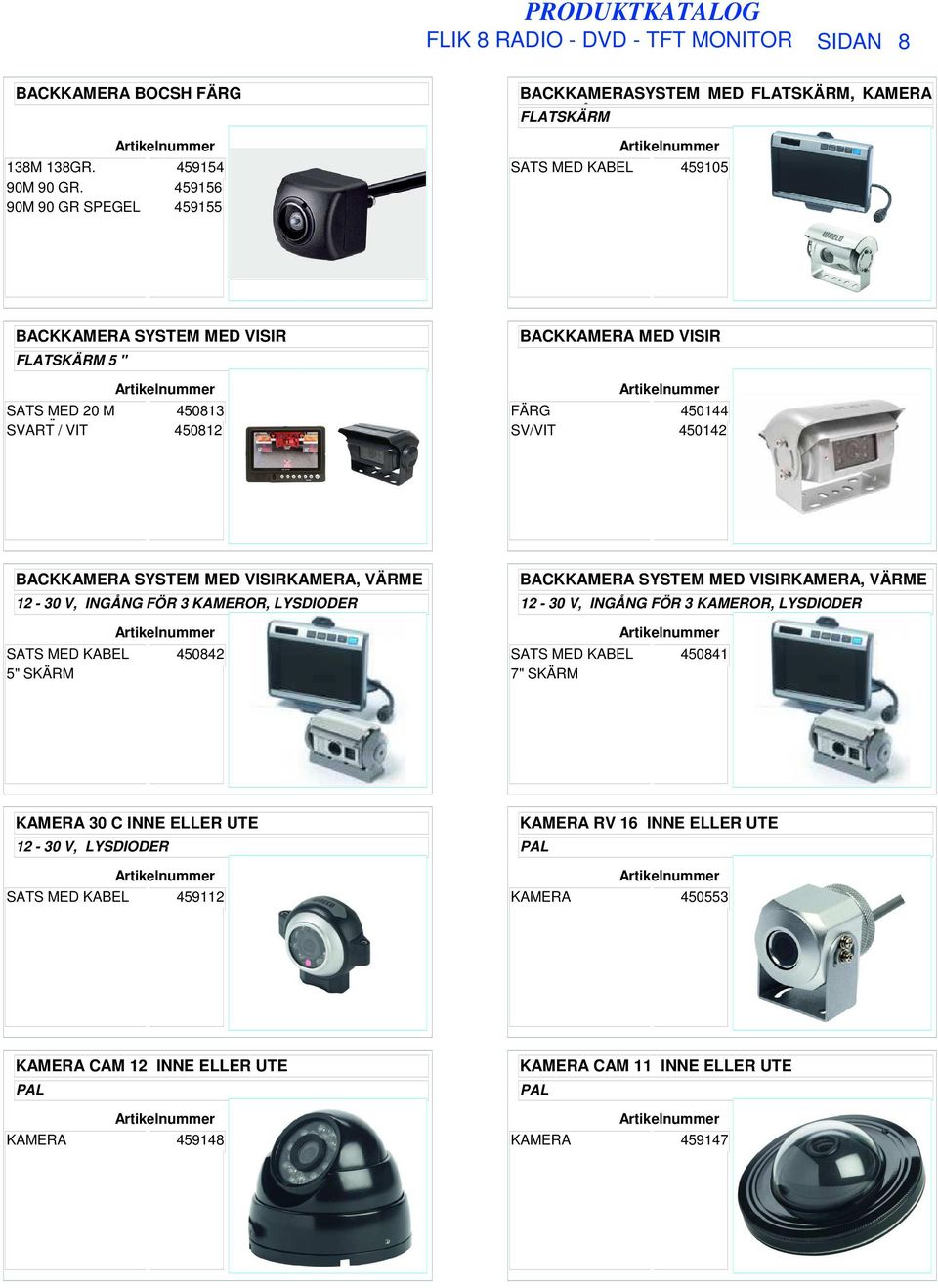 450813 KAB SVART FÄRG / VIT 450812 BACKKAMERA MED VISIR FÄRG 450144 SV/VIT 450142 BACKKAMERA SYSTEM MED VISIRKAMERA, VÄRME 12-30 V, INGÅNG FÖR 3 KAMEROR, LYSDIODER SATS MED KABEL 5"