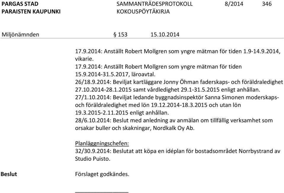 2014-28.1.2015 samt vårdledighet 29.1-31.5.2015 enligt anhållan. 27/1.10.2014: Beviljat ledande byggnadsinspektör Sanna Simonen moderskapsoch föräldraledighet med lön 19.12.2014-18.3.2015 och utan lön 19.