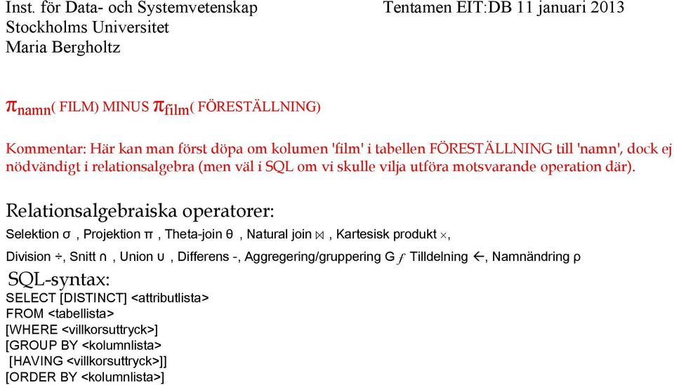 Relationsalgebraiska operatorer: Selektion σ, Projektion π, Theta-join θ, Natural join, Kartesisk produkt, Division, Snitt, Union, Differens -,