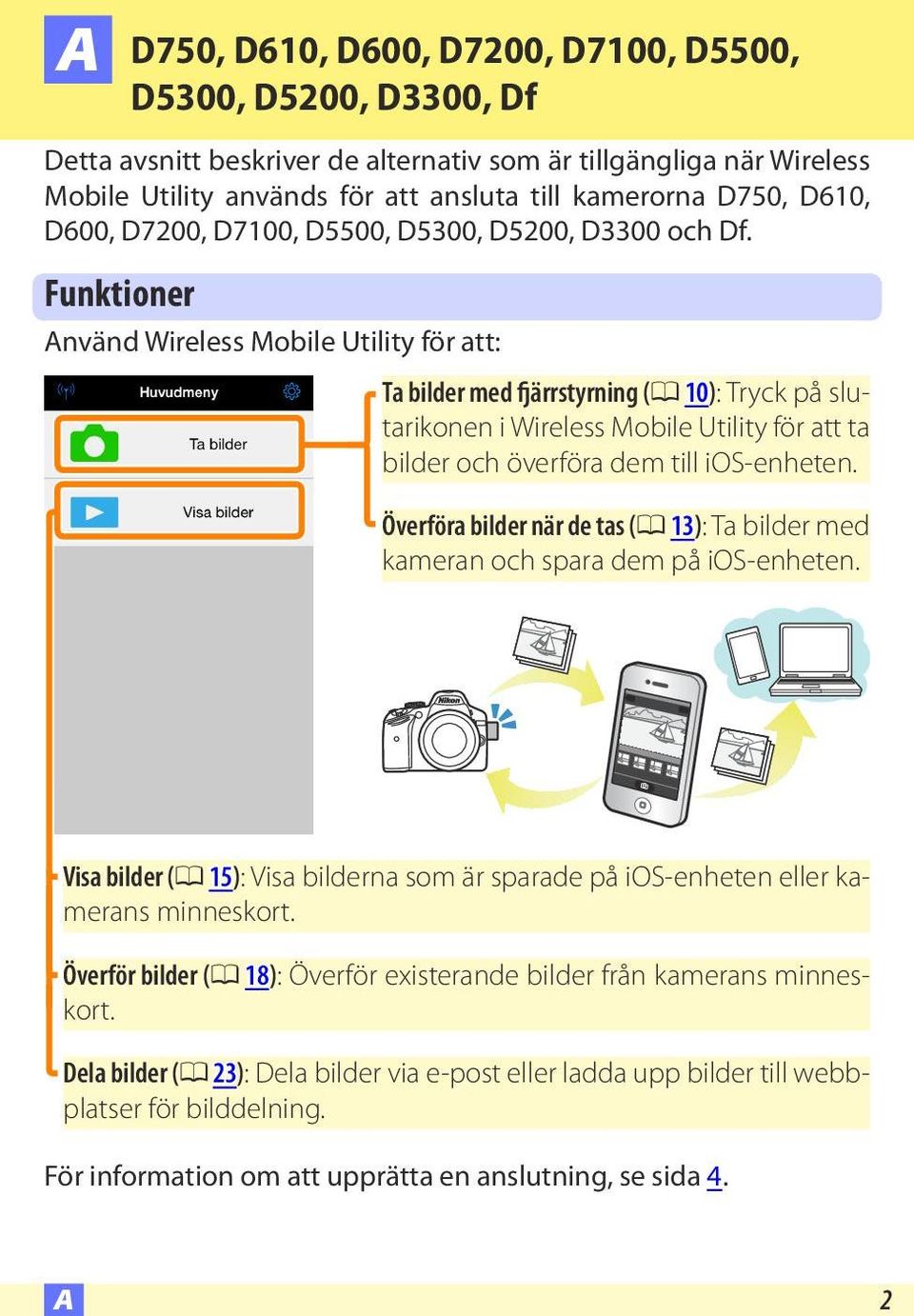 Funktioner Använd Wireless Mobile Utility för att: Ta bilder med fjärrstyrning (0 10): Tryck på slutarikonen i Wireless Mobile Utility för att ta bilder och överföra dem till ios-enheten.