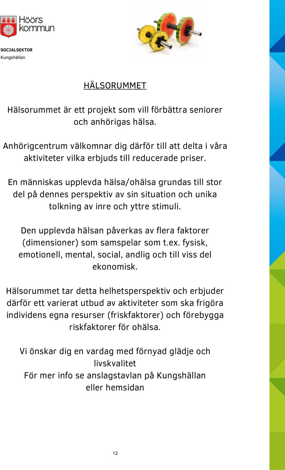 Den upplevda hälsan påverkas av flera faktorer (dimensioner) som samspelar som t.ex. fysisk, emotionell, mental, social, andlig och till viss del ekonomisk.