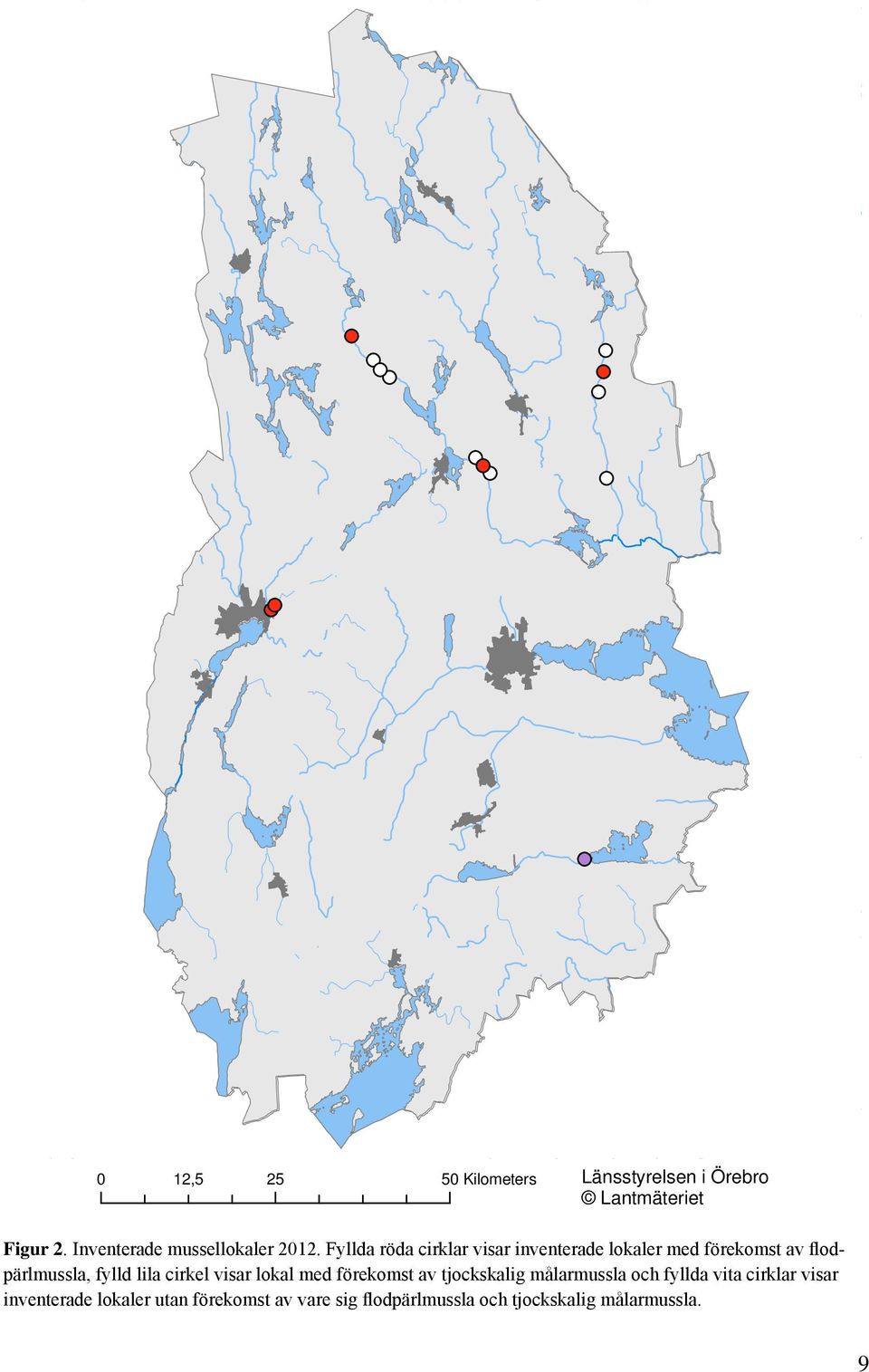 Fyllda röda cirklar visar inventerade lokaler med förekomst av flodpärlmussla, fylld lila