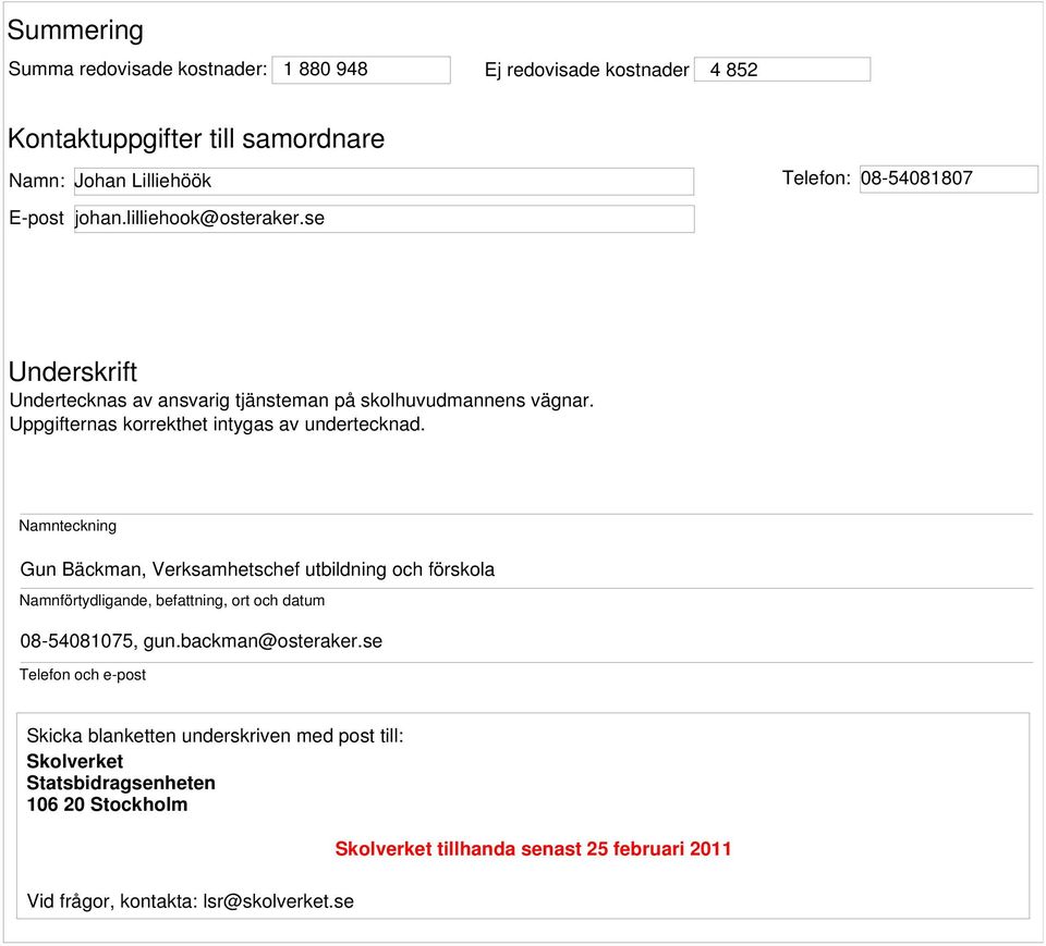 Namnteckning Gun Bäckman, Verksamhetschef utbildning och förskola Namnförtydligande, befattning, ort och datum 08-54081075, gun.backman@osteraker.
