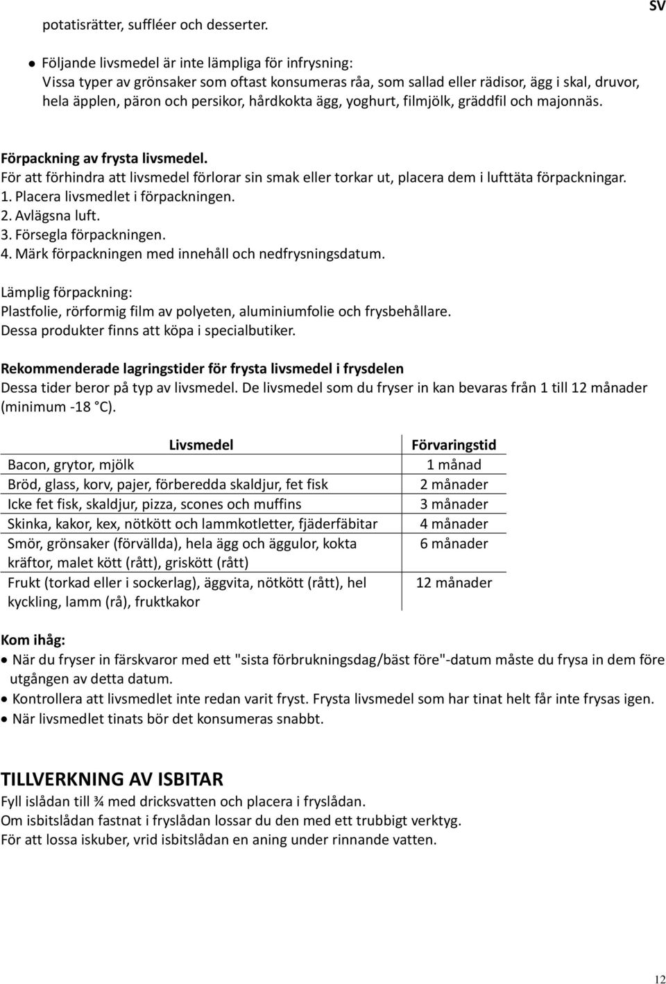 ägg, yoghurt, filmjölk, gräddfil och majonnäs. Förpackning av frysta livsmedel. För att förhindra att livsmedel förlorar sin smak eller torkar ut, placera dem i lufttäta förpackningar. 1.