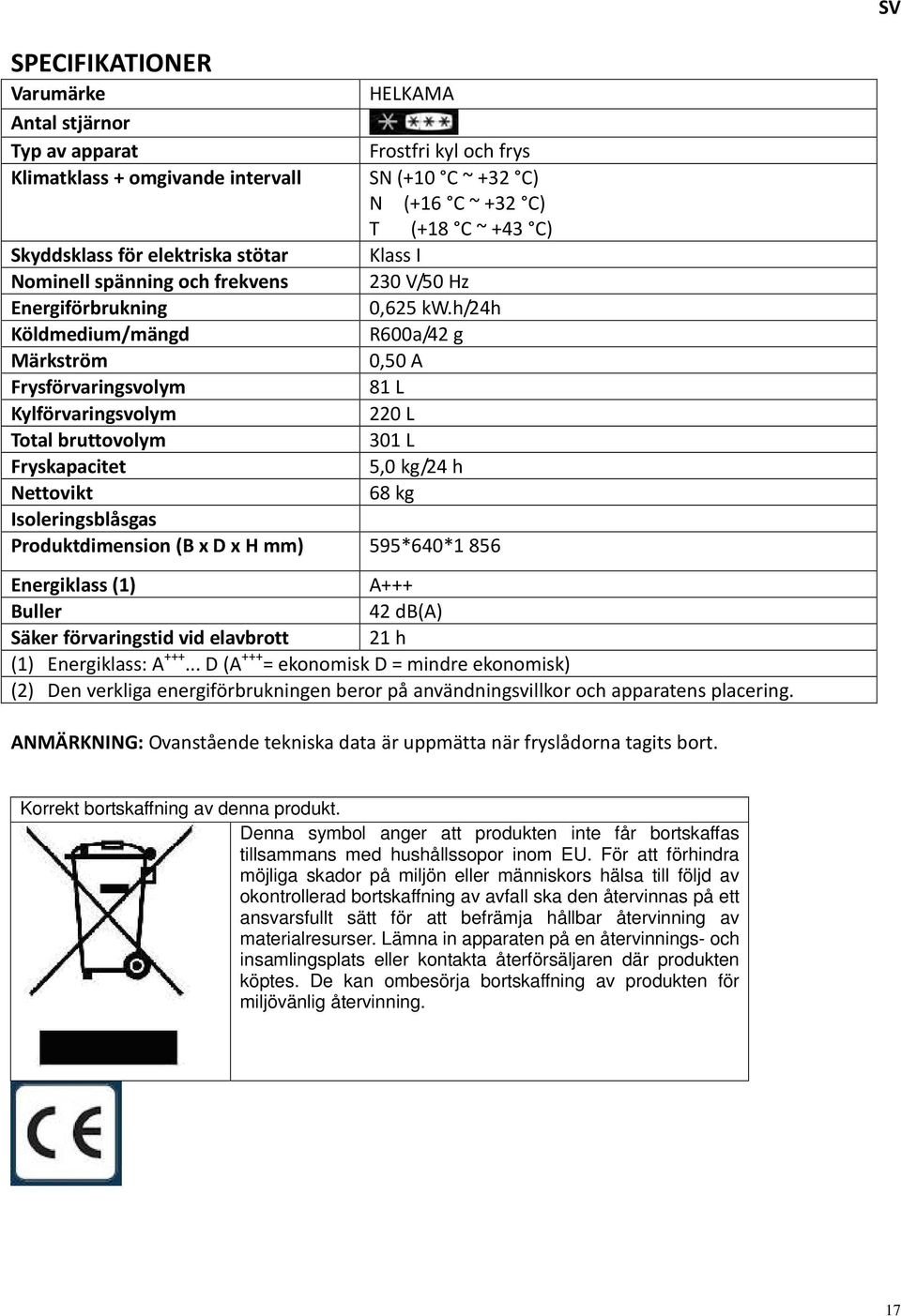 h/24h R600a/42 g 0,50 A 81 L 220 L 301 L 5,0 kg/24 h 68 kg Skyddsklass för elektriska stötar Nominell spänning och frekvens Energiförbrukning Köldmedium/mängd Märkström Frysförvaringsvolym