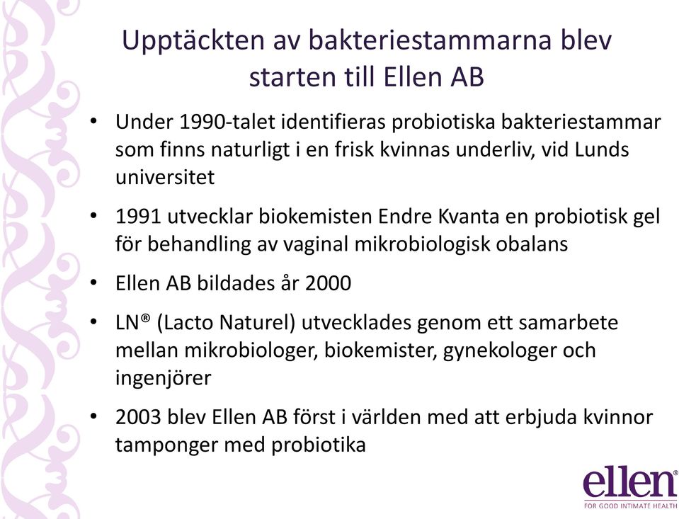 behandling av vaginal mikrobiologisk obalans Ellen AB bildades år 2000 LN (Lacto Naturel) utvecklades genom ett samarbete mellan