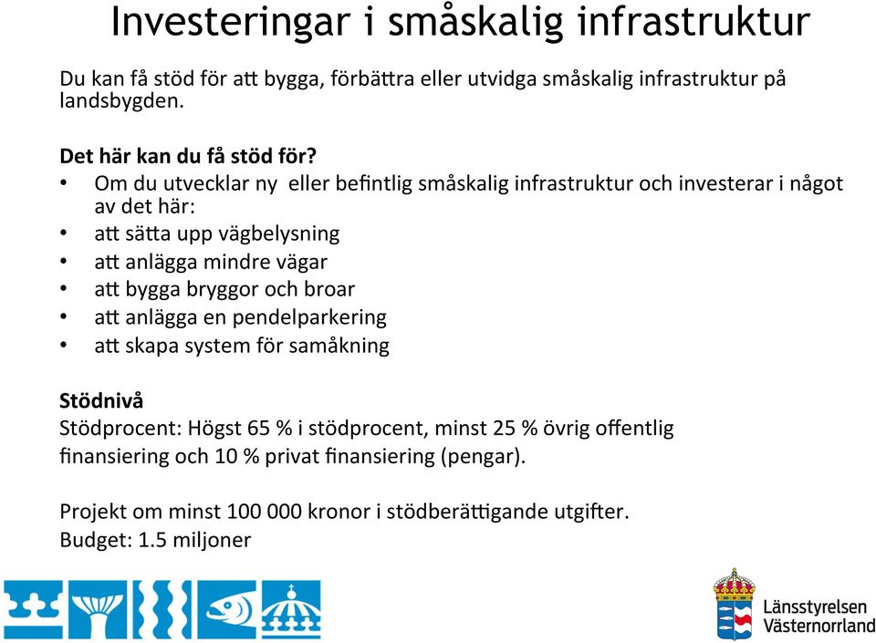 Om du utvecklar ny eller befintlig småskalig infrastruktur och investerar i något av det här: a^ sä^a upp vägbelysning a^ anlägga mindre vägar a^