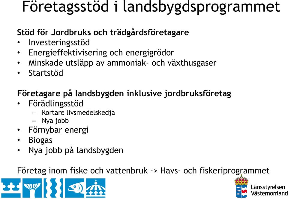 Företagare på landsbygden inklusive jordbruksföretag Förädlingsstöd Kortare livsmedelskedja Nya jobb