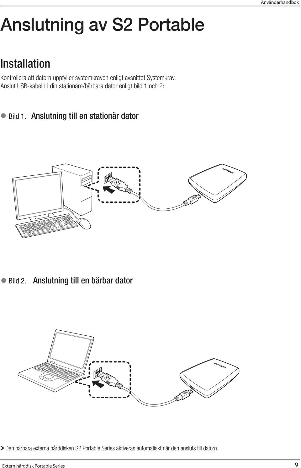 Anslut USB-kabeln i din stationära/bärbara dator enligt bild 1 och 2: Bild 1.