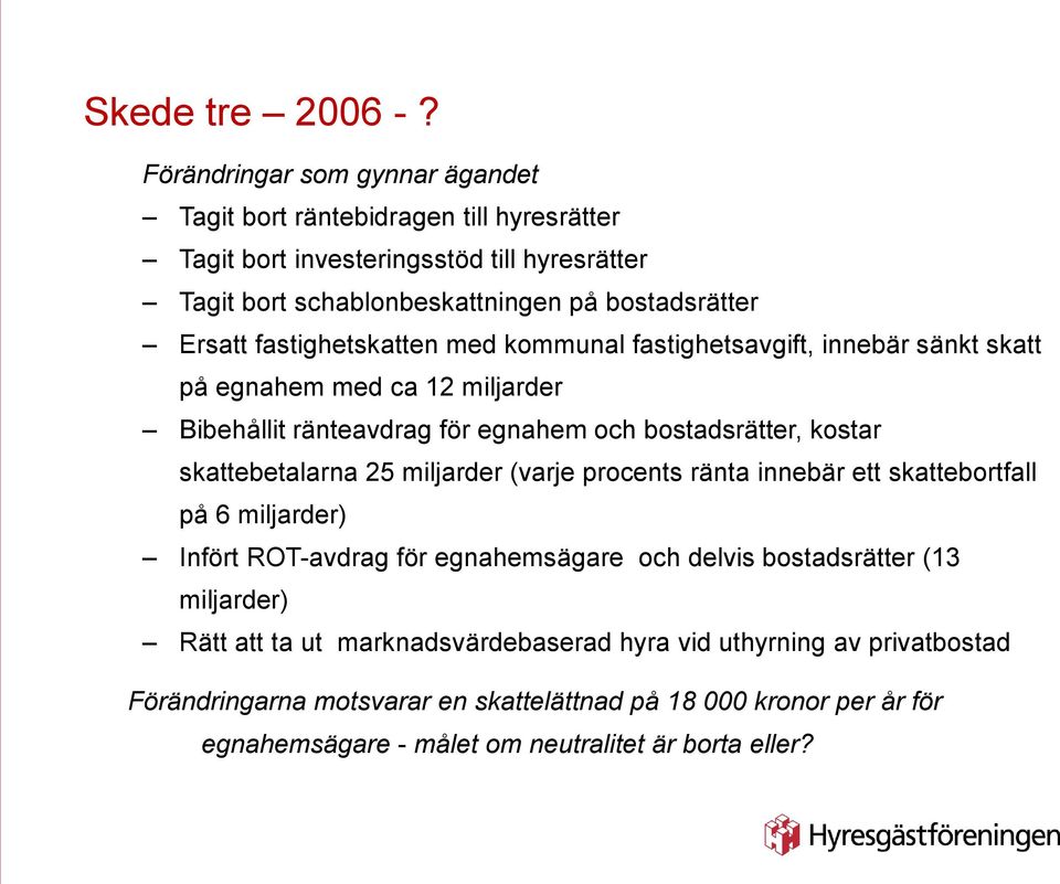 fastighetskatten med kommunal fastighetsavgift, innebär sänkt skatt på egnahem med ca 12 miljarder Bibehållit ränteavdrag för egnahem och bostadsrätter, kostar skattebetalarna 25