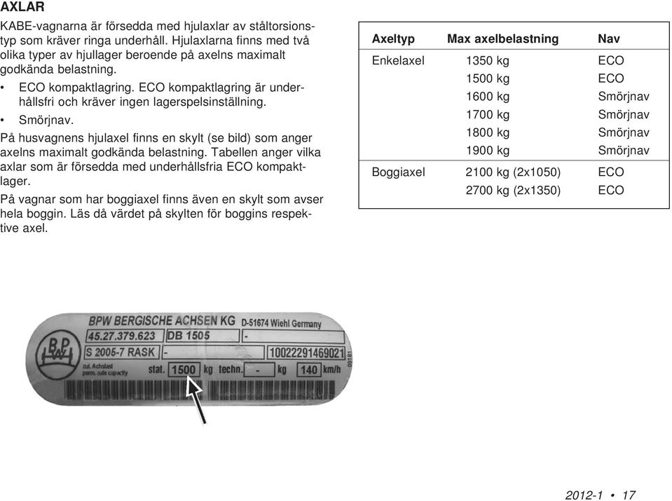 På husvagnens hjulaxel finns en skylt (se bild) som anger axelns maximalt godkända belastning. Tabellen anger vilka axlar som är försedda med underhållsfria ECO kompaktlager.
