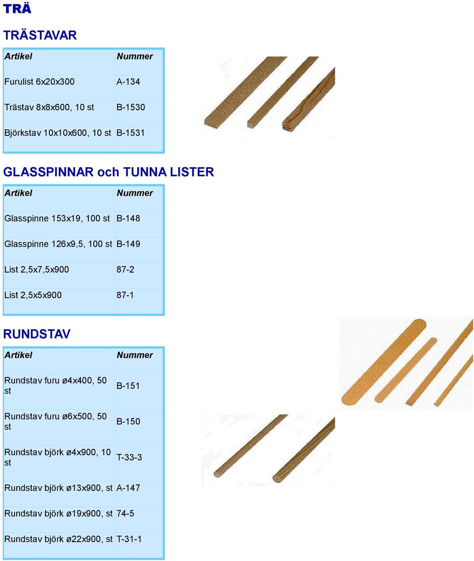 87-2 List 2,5x5x900 87-1 RUNDSTAV Rundstav furu ø4x400, 50 st B-151 Rundstav furu ø6x500, 50 st B-150 Rundstav