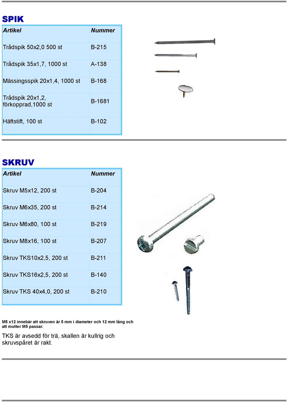 B-219 Skruv M8x16, 100 st B-207 Skruv TKS10x2,5, 200 st B-211 Skruv TKS16x2,5, 200 st B-140 Skruv TKS 40x4,0, 200 st B-210 M5 x12