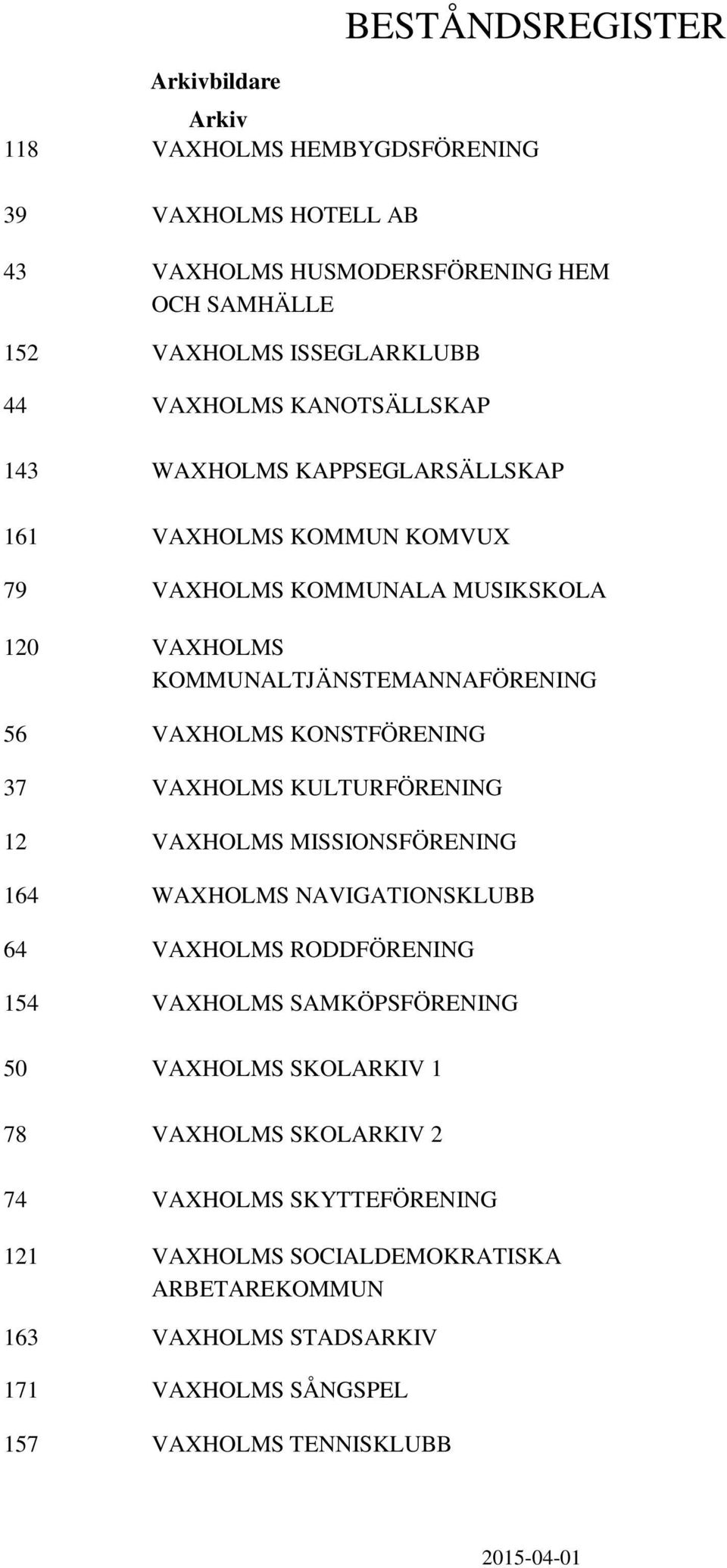 KONSTFÖRENING 37 VAXHOLMS KULTURFÖRENING 12 VAXHOLMS MISSIONSFÖRENING 164 WAXHOLMS NAVIGATIONSKLUBB 64 VAXHOLMS RODDFÖRENING 154 VAXHOLMS SAMKÖPSFÖRENING 50 VAXHOLMS