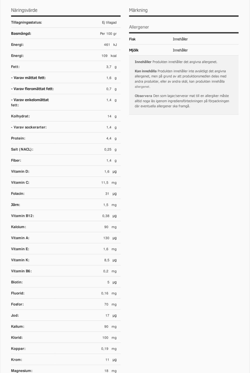 Kan innehålla Produkten innehåller inte avsiktligt det angivna allergenet, men på grund av att produktionsmedlen delas med andra produkter, eller av andra skäl, kan produkten innehålla allergenet.