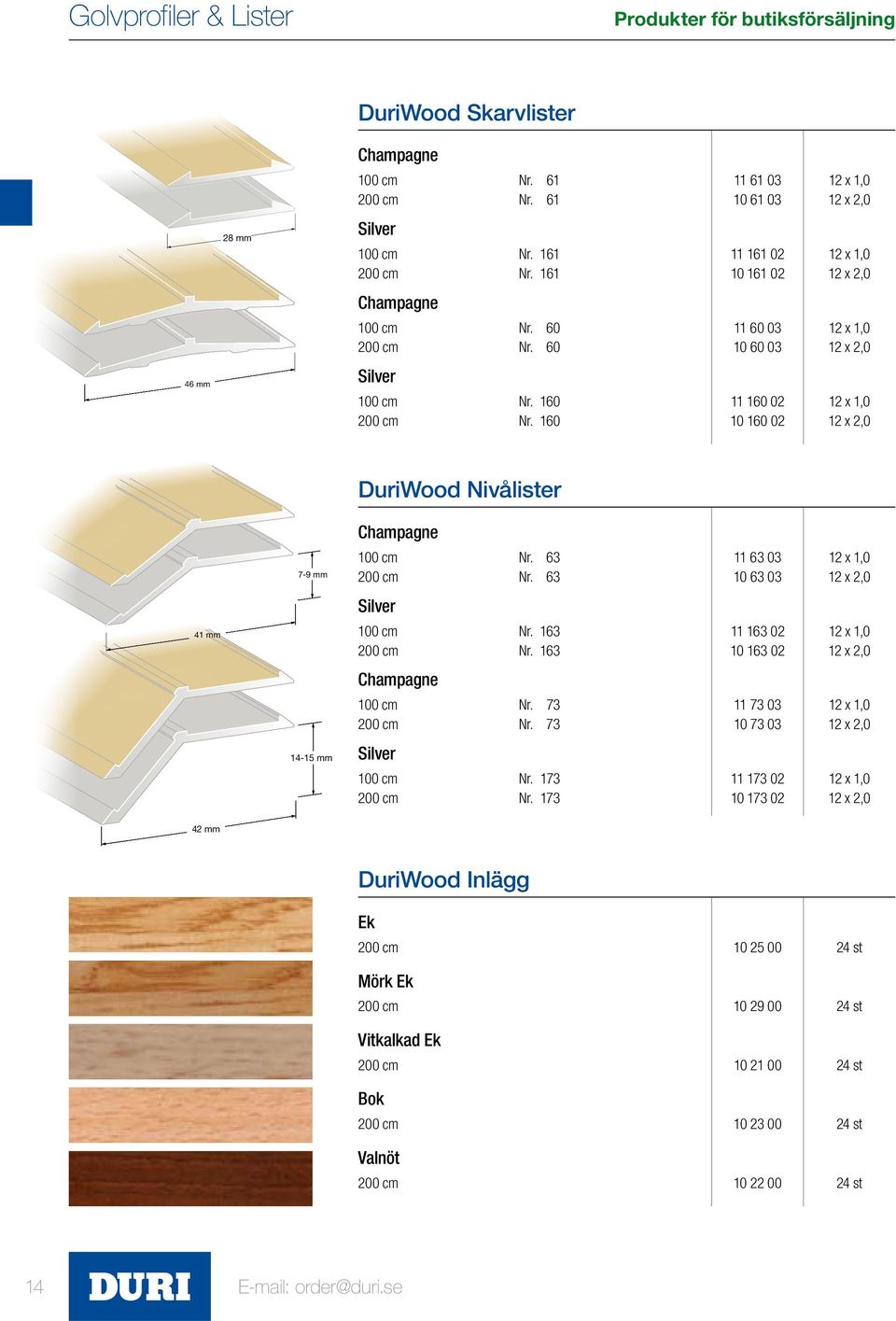 160 10 160 02 12 x 2,0 DuriWood Nivålister 41 mm 7-9 mm 14-15 mm Champagne 100 cm Nr. 63 11 63 03 12 x 1,0 200 cm Nr. 63 10 63 03 12 x 2,0 Silver 100 cm Nr. 163 11 163 02 12 x 1,0 200 cm Nr.