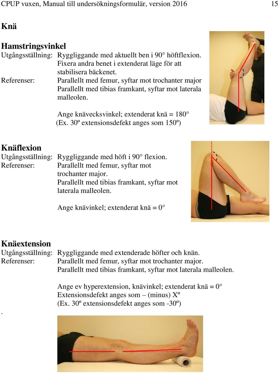 Ange knävecksvinkel; extenderat knä = 180 (Ex. 30º extensionsdefekt anges som 150º) Knäflexion Utgångsställning: Ryggliggande med höft i 90 flexion.