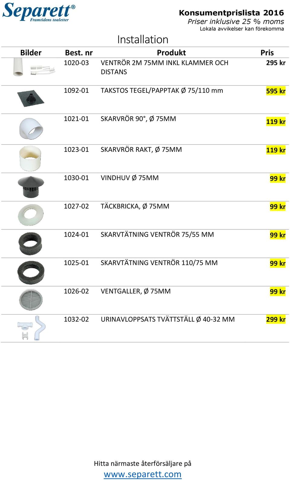 75MM 99 kr 1027-02 TÄCKBRICKA, Ø 75MM 99 kr 1024-01 SKARVTÄTNING VENTRÖR 75/55 MM 99 kr 1025-01 SKARVTÄTNING